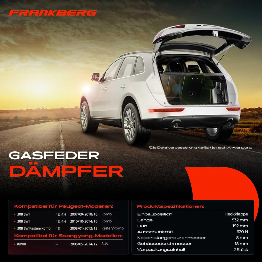 Frankberg 2x Gasfeder Dämpfer Heckklappe Kompatibel mit 308 SW I 4E 4H 1.4L-2.0L Kombi 2007-2014 308