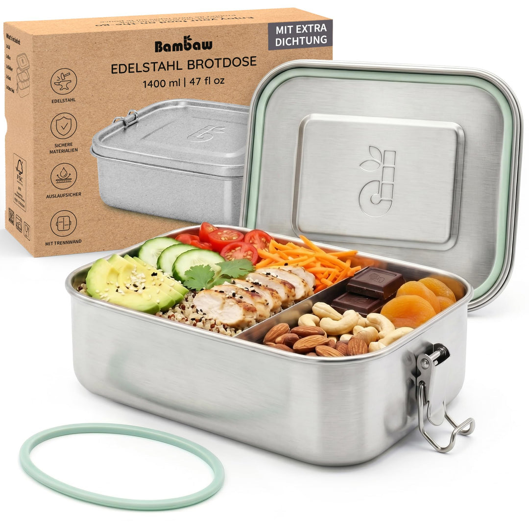 Bambaw Edelstahl Brotdose mit Fächern 1400ml | Auslaufsichere Lunchbox für Erwachsene & Kinder | Spü