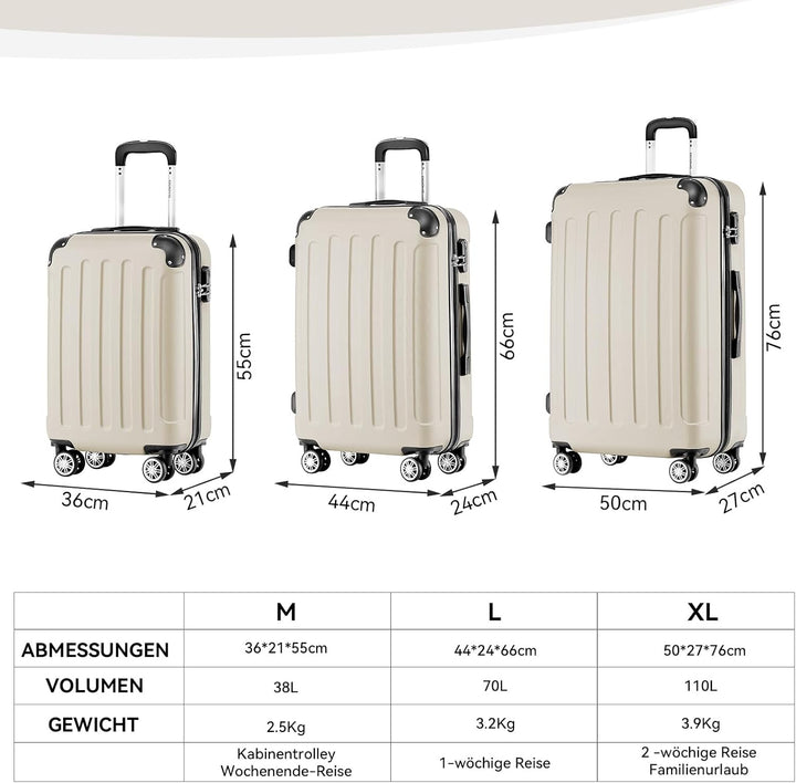 BEIBYE Hartschalen-Koffer Trolley Rollkoffer Reisekoffer Handgepäck 4 Rollen (M-L-XL-Set) (Creme Whi