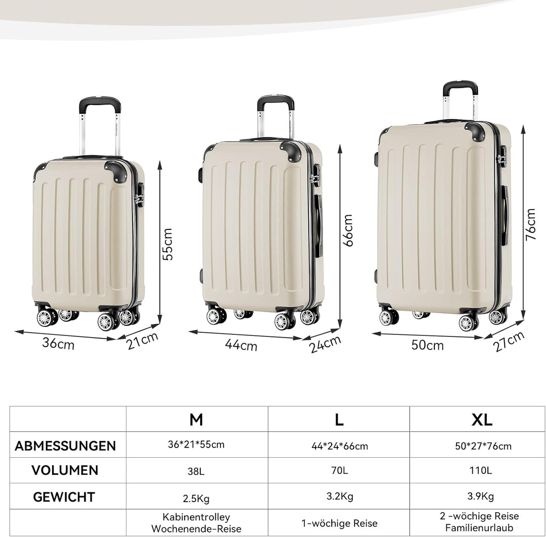 BEIBYE Hartschalen-Koffer Trolley Rollkoffer Reisekoffer Handgepäck 4 Rollen (M-L-XL-Set) (Creme Whi