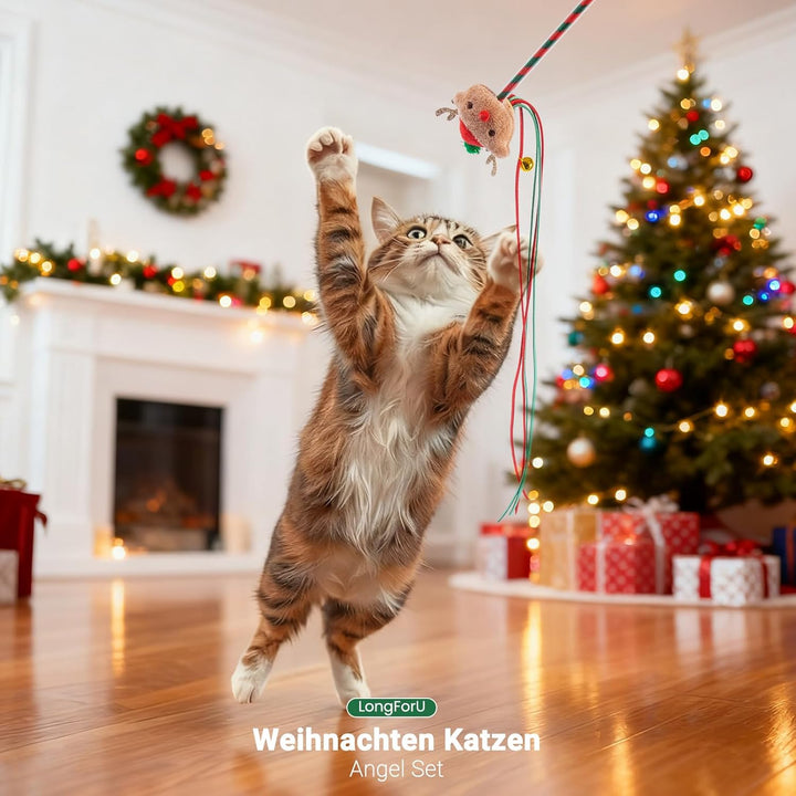 4 Stück Katzen Spielzeug Weihnachten Set - Interaktives Katzenangel Katzenspielzeug-Stab und Katzens