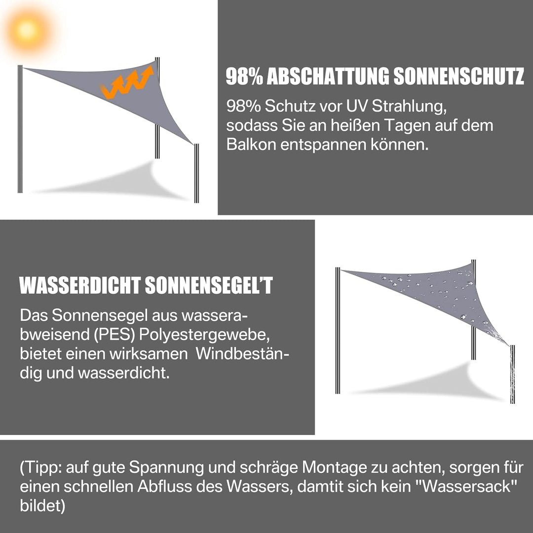 Sonnensegel inkl 24er Befestigung Kit,3x3x3m Wasserdichter Sonnenschutz Dreieck Sonnenschirm Aussenü