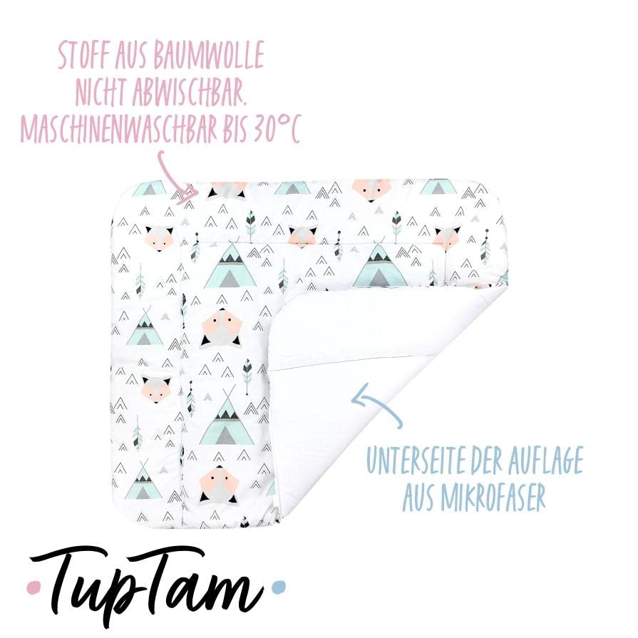 TupTam Baby Wickeltischauflage mit Baumwollbezug Gemustert, Farbe: Grau/Fuchs Mint, Grösse: 75 x 85