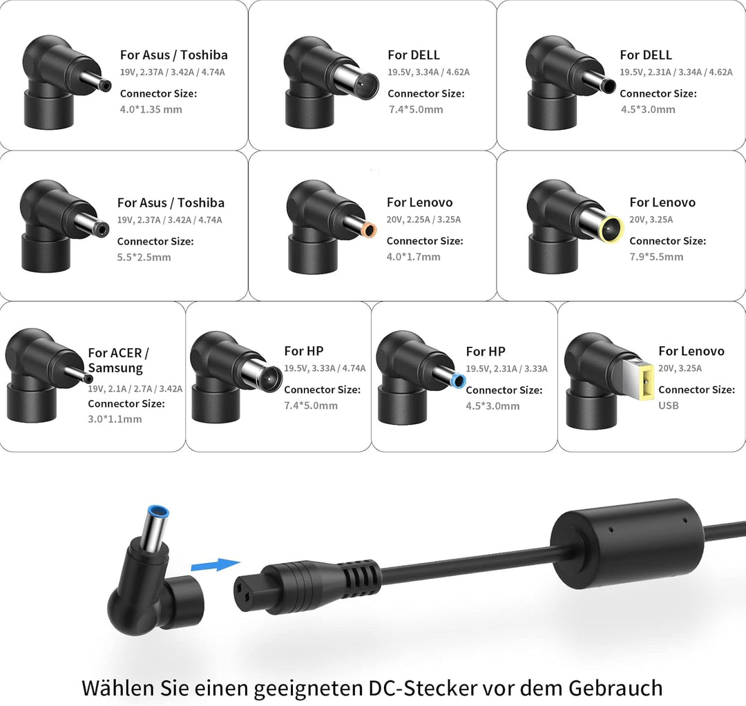 CYD 90W【10 in 1 Ladegerät】 Universal Notebook Netzteil Ladekabel AC Adapter 18.5V 19V 19.5V 20V für