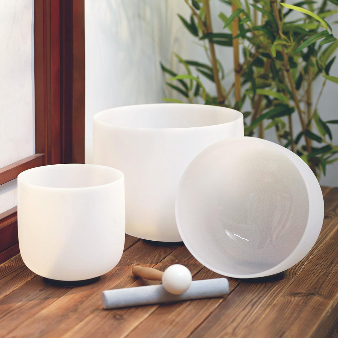 KVKA Kristall-Klangschalen Set, 432Hz 3PCS Crystal Singing Bowl Weiss Chakra Klangschale für Yoga Me