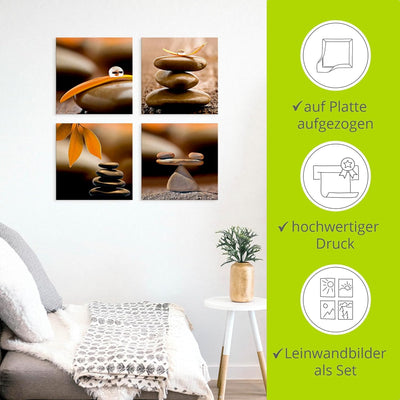 ARTLAND Leinwandbilder auf Holz Wandbild Bild Set 4 teilig je 40x40 cm Quadratisch Wellness Zen Stei