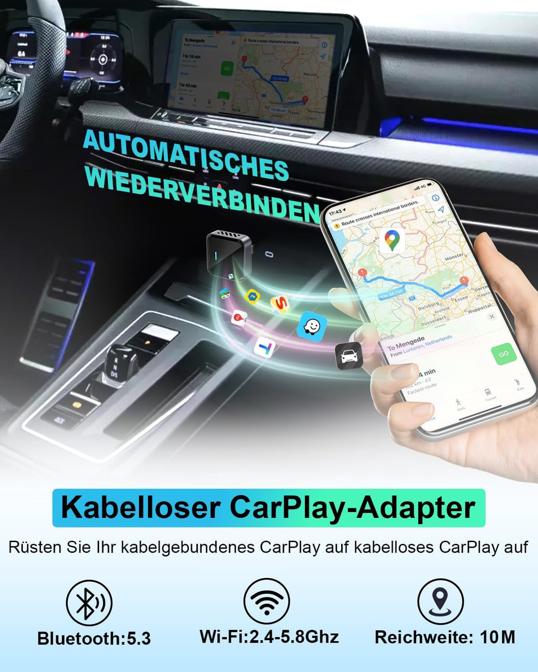 Nano Wireless CarPlay Adapter für iPhone, Wandelt kabelgebundenes CarPlay in kabelloses um, Stabile