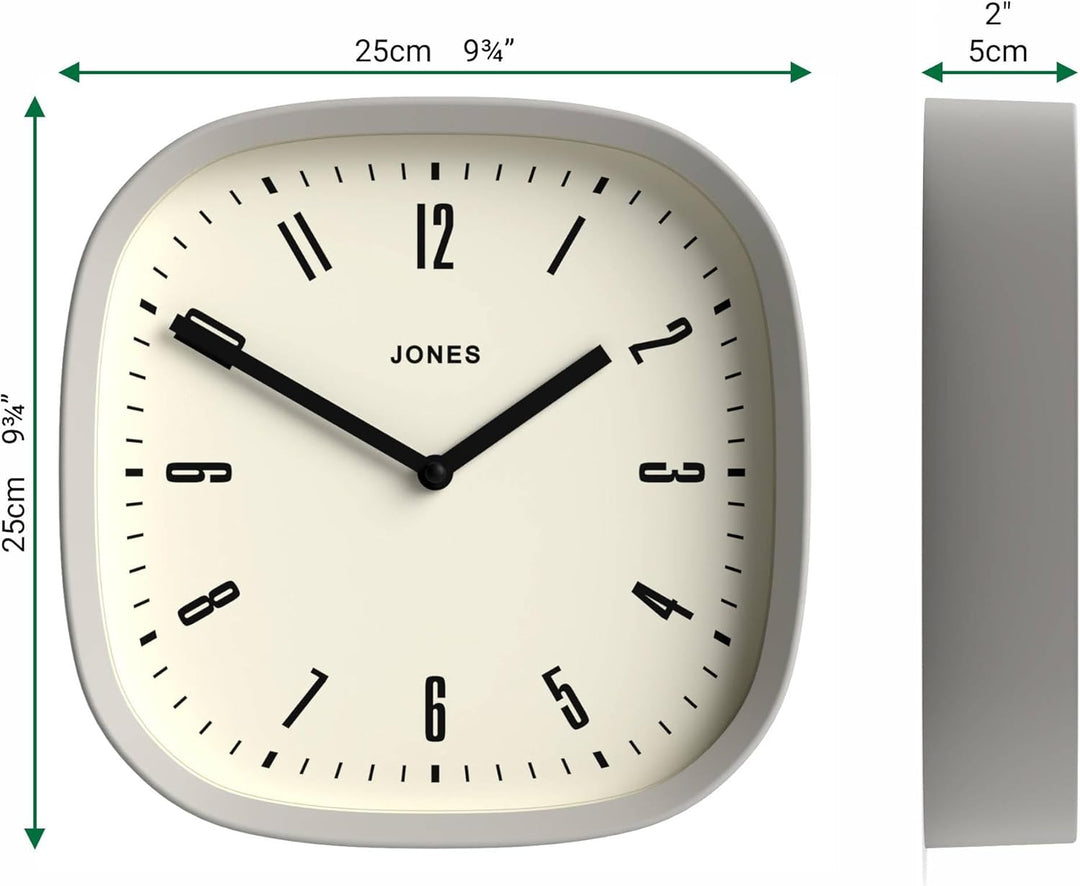 JONES CLOCKS® Marvel Wanduhr | Retro abgerundete quadratische Uhr | 25cm | Grau | Cooler Designer-Lo