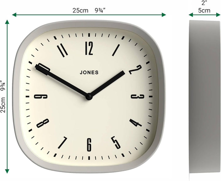 JONES CLOCKS® Marvel Wanduhr | Retro abgerundete quadratische Uhr | 25cm | Grau | Cooler Designer-Lo