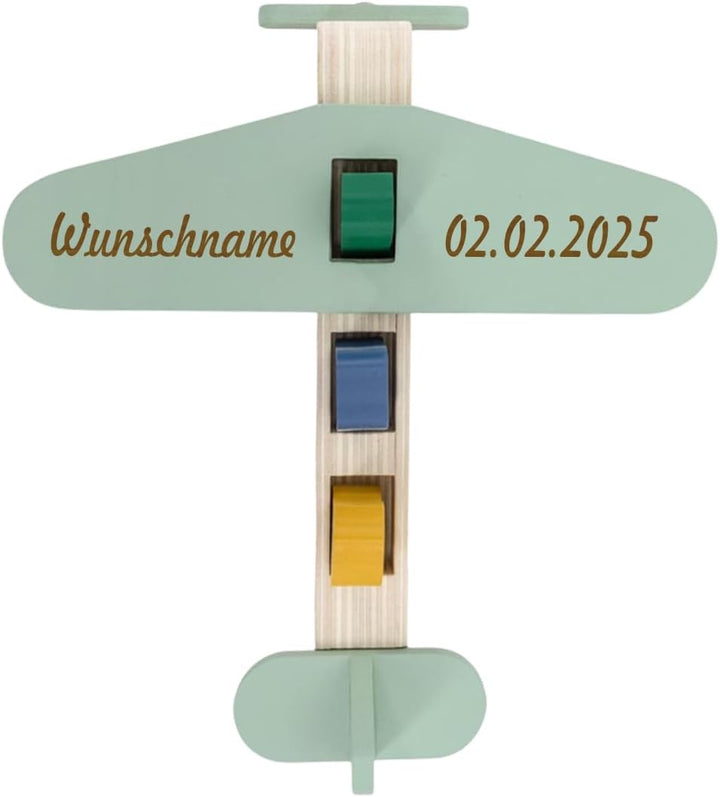 Elefantasie Trixie Flugzeug aus Holz PERSONALISIERT mit Name graviert Motorikspielzeug Holzflugzeug