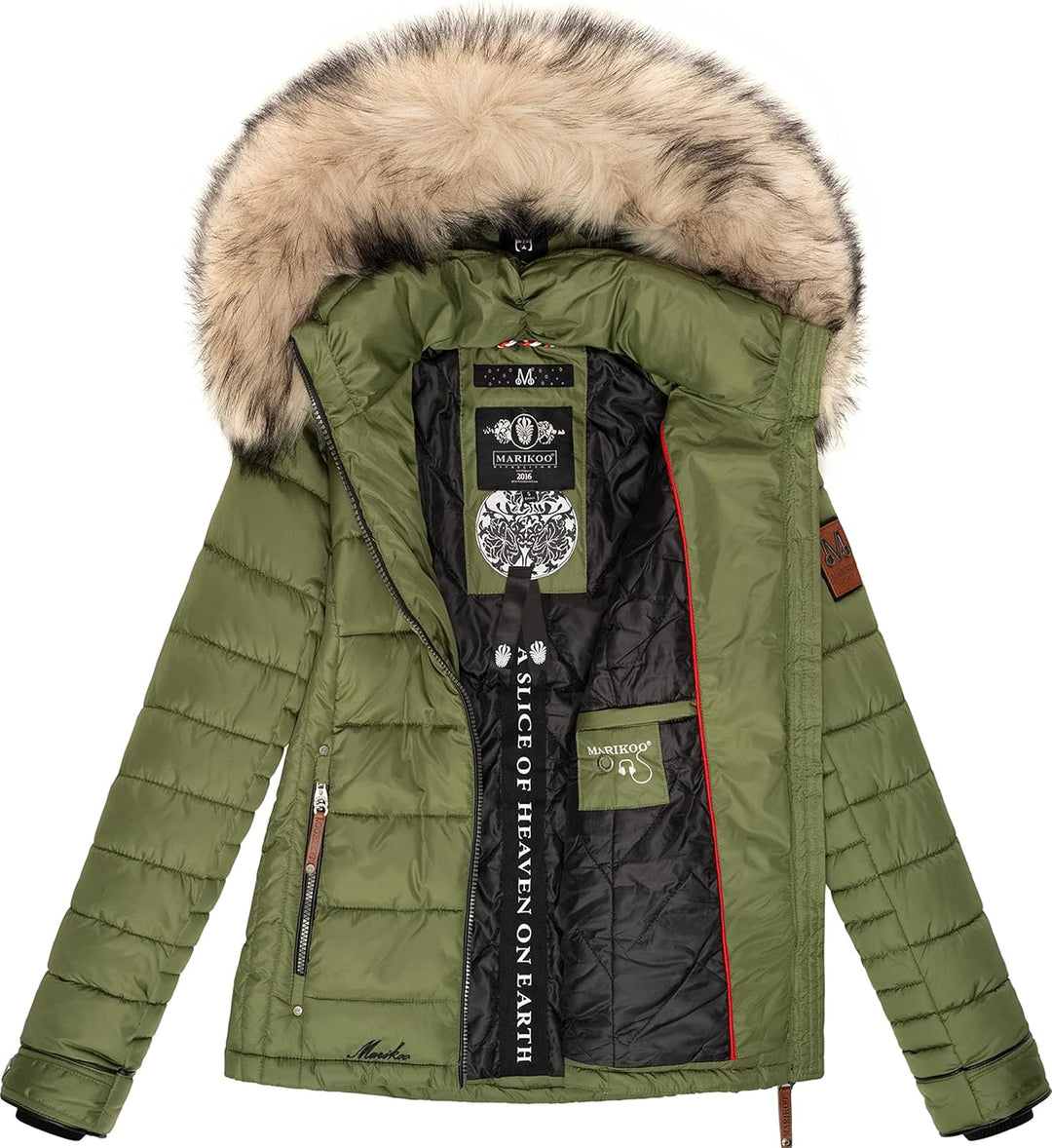 MARIKOO Damen Winterjacke Steppjacke mit abnehmbarem Kunstfell Lerikaa XS-3XL XL Olive, XL Olive