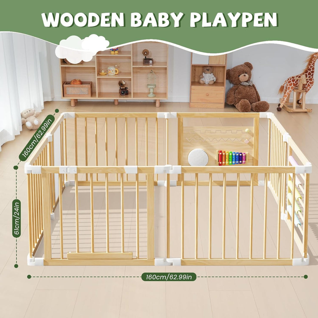 160x160x61cm Baby Laufgitter klappbar Laufstall Holz Kinder Activity Center mit Tür, musikalischem S