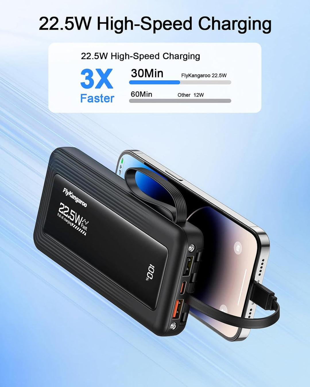 Powerbank mit integrierten Kabeln, 10000mAh, 22,5W Schnellladefunktion, USB-C LED-Anzeige, tragbares