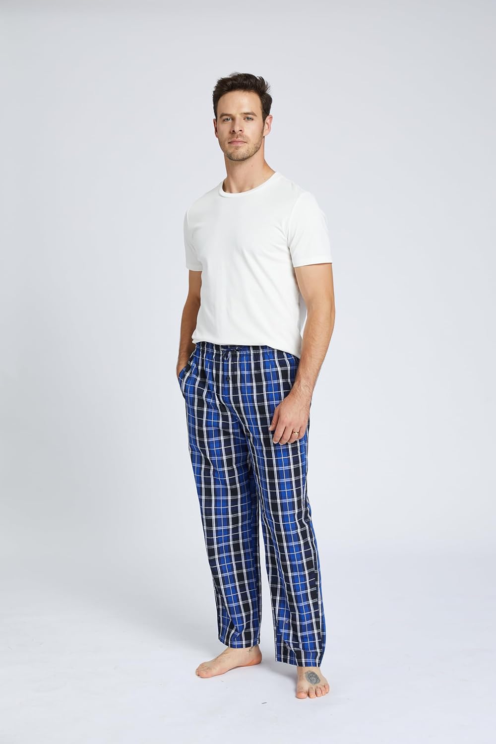 Herren 100% Baumwolle Pyjamahose, Gewebte kariert Schlafhose Loungewear Pyjama Hose mit Taschen, Bla