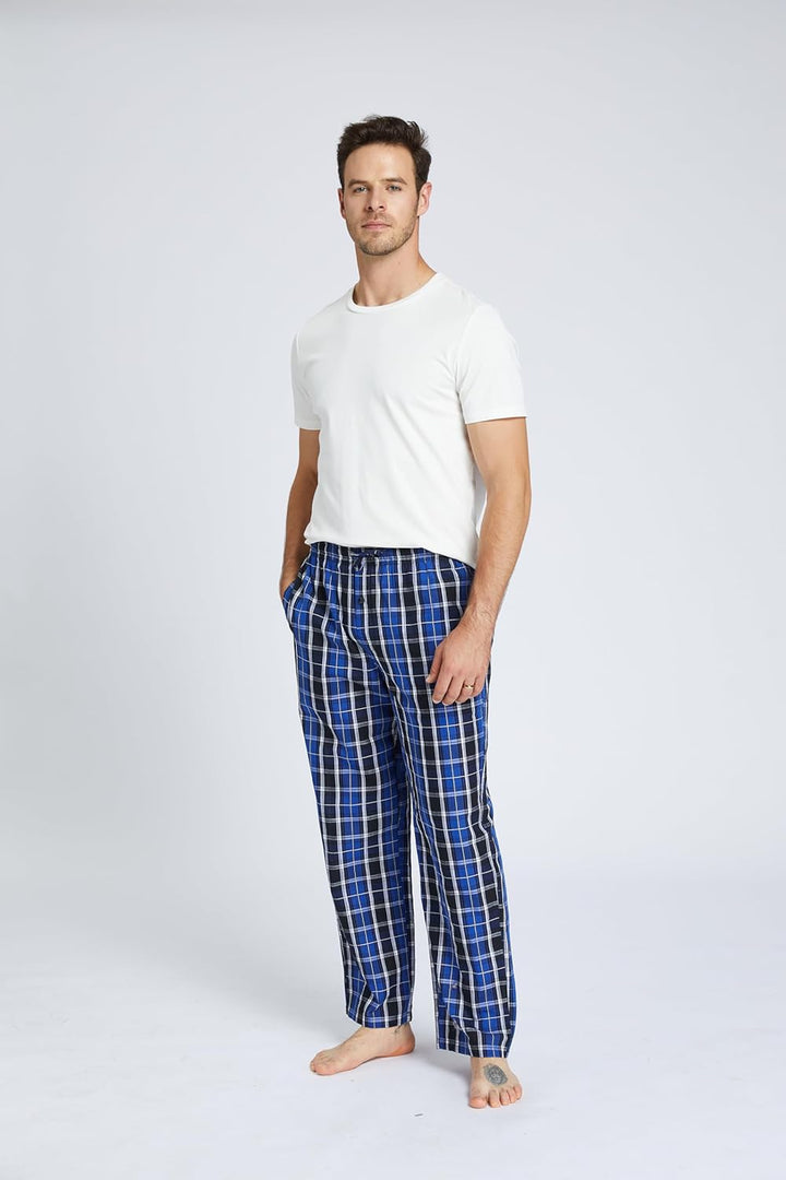 Herren 100% Baumwolle Pyjamahose, Gewebte kariert Schlafhose Loungewear Pyjama Hose mit Taschen, Bla