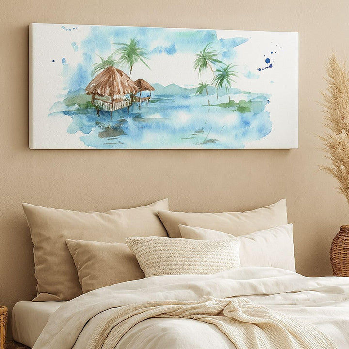 Wandbilder Dekoration Wohnzimmer Tropen Wasser Bungalow Ufer Panorama Bilder auf Leinwand 120x50cm L