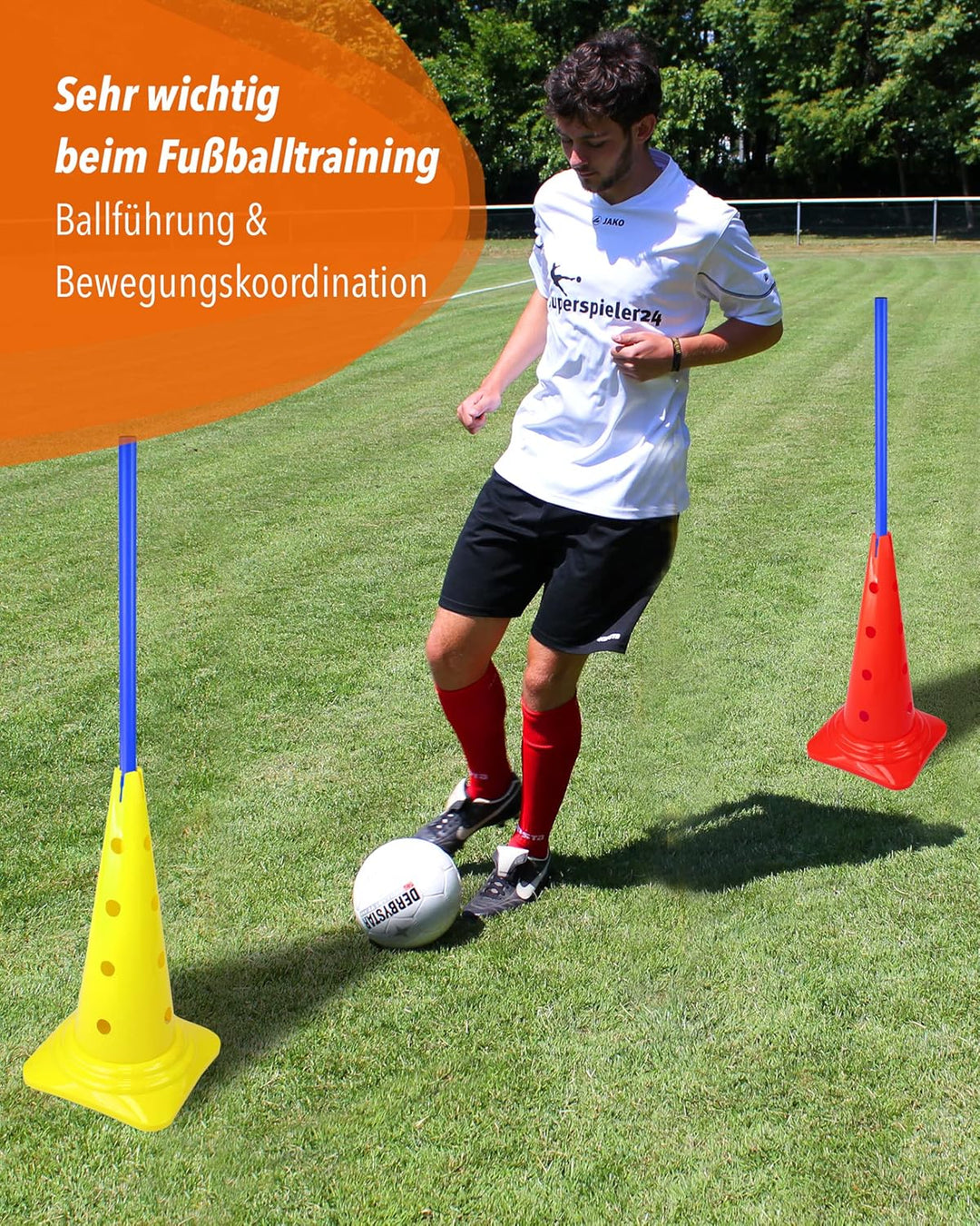Kombi-Kegel 50 mit Stange 100 cm – 4er Set – Pylone mit Slalomstange – für Slalom-Parcours – Agility