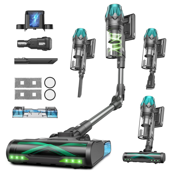 Vexilar Akku Staubsauger 55KPa/600W/60Min, Staubsauger Kabellos mit Flex-Gelenk, Green LED, Touchscr