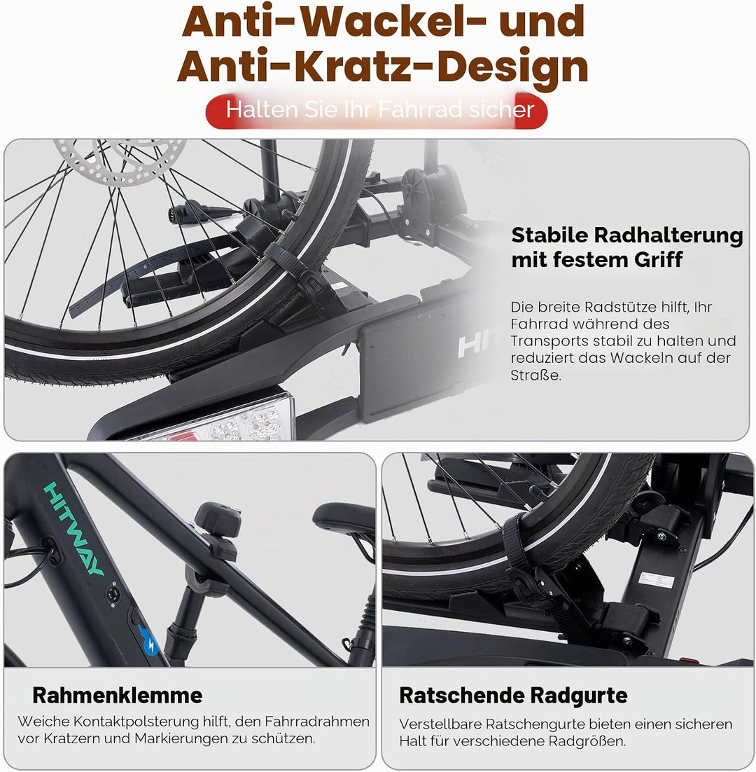HITWAY Fahrradträger für 2 E-Bikes, 60 kg Tragfähigkeit, klappbare Pedalstützen, LED-Rückleuchten, v