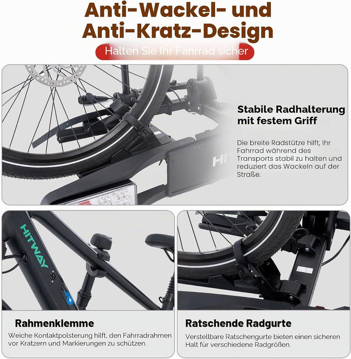 HITWAY Fahrradträger für 2 E-Bikes, 60 kg Tragfähigkeit, klappbare Pedalstützen, LED-Rückleuchten, v