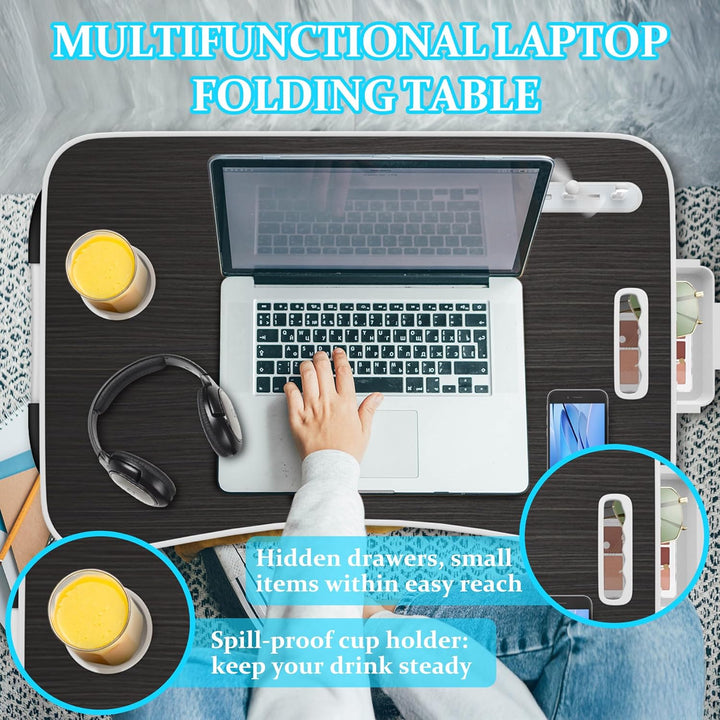 Soontrans Laptoptisch, 60 x 40 x 28 cm, Laptop Tisch mit Schublade, Getränkehalter, Kleiner Ventilat
