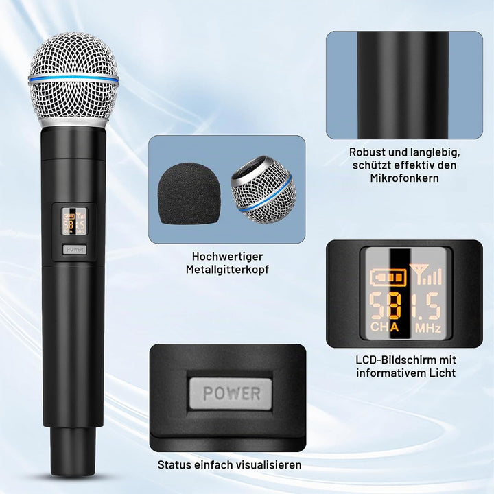 Depusheng R4-Pro Karaoke-Funkmikrofone, professionelles 4-Kanal-Handmikrofonsystem, dynamisches Meta