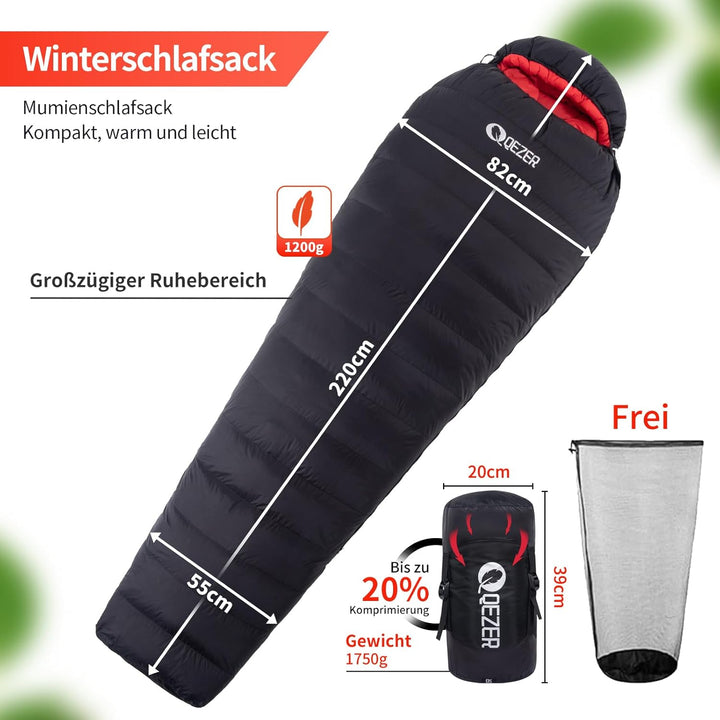Daunenschlafsack, Schlafsack Ultraleicht, 600FP+ Premium Daunen, Geeignet für Winter/Sommer, geeigne
