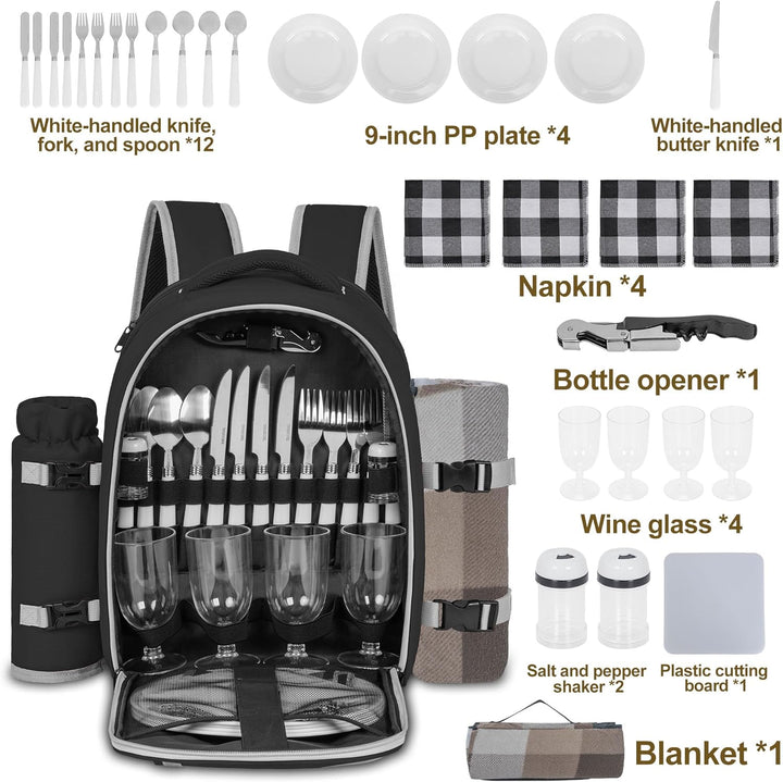 FREEAMG Picknick-Rucksack für 4 Personen, mit Kühlfach, isoliert und wasserdicht, Picknicktasche mit