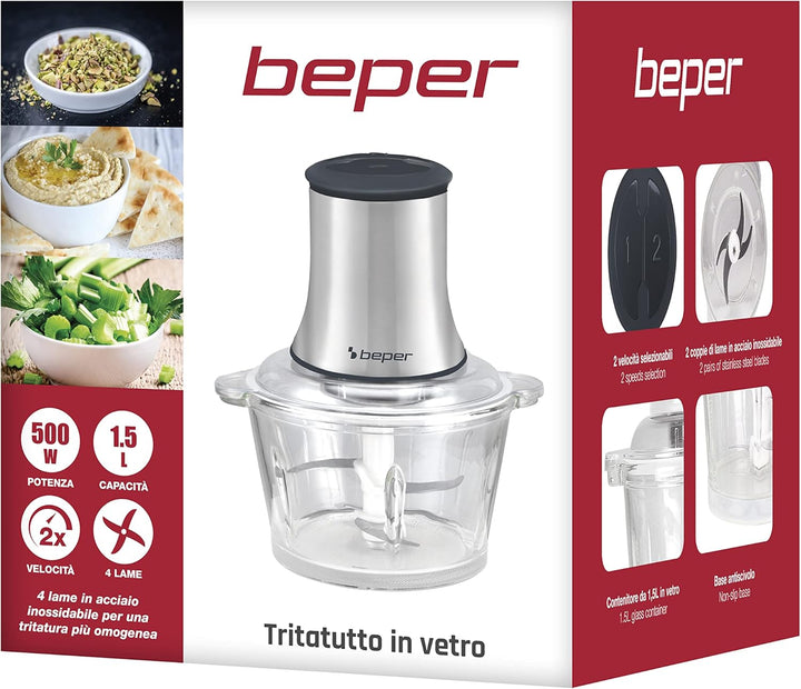 BEPER P102ROB001 Küchenmaschine aus Glas, Glasbehälter, Gehäuse aus Abs, Doppelklingenpaar aus Stahl