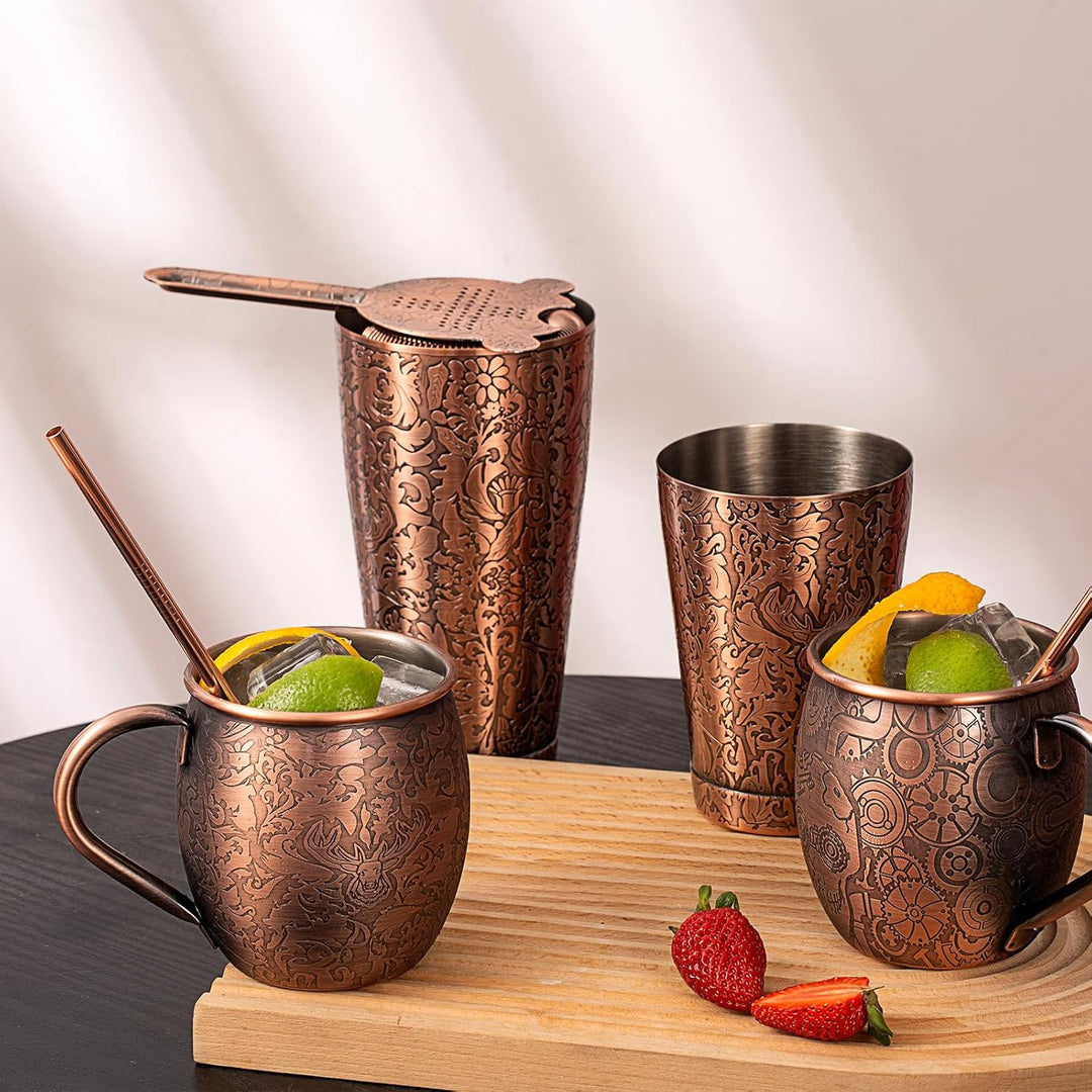SKY FISH Moscow Mule Becher 2er Set, 3D Geprägte Cocktailgläser, 500 ml Edelstahl Weingläser, Handwä