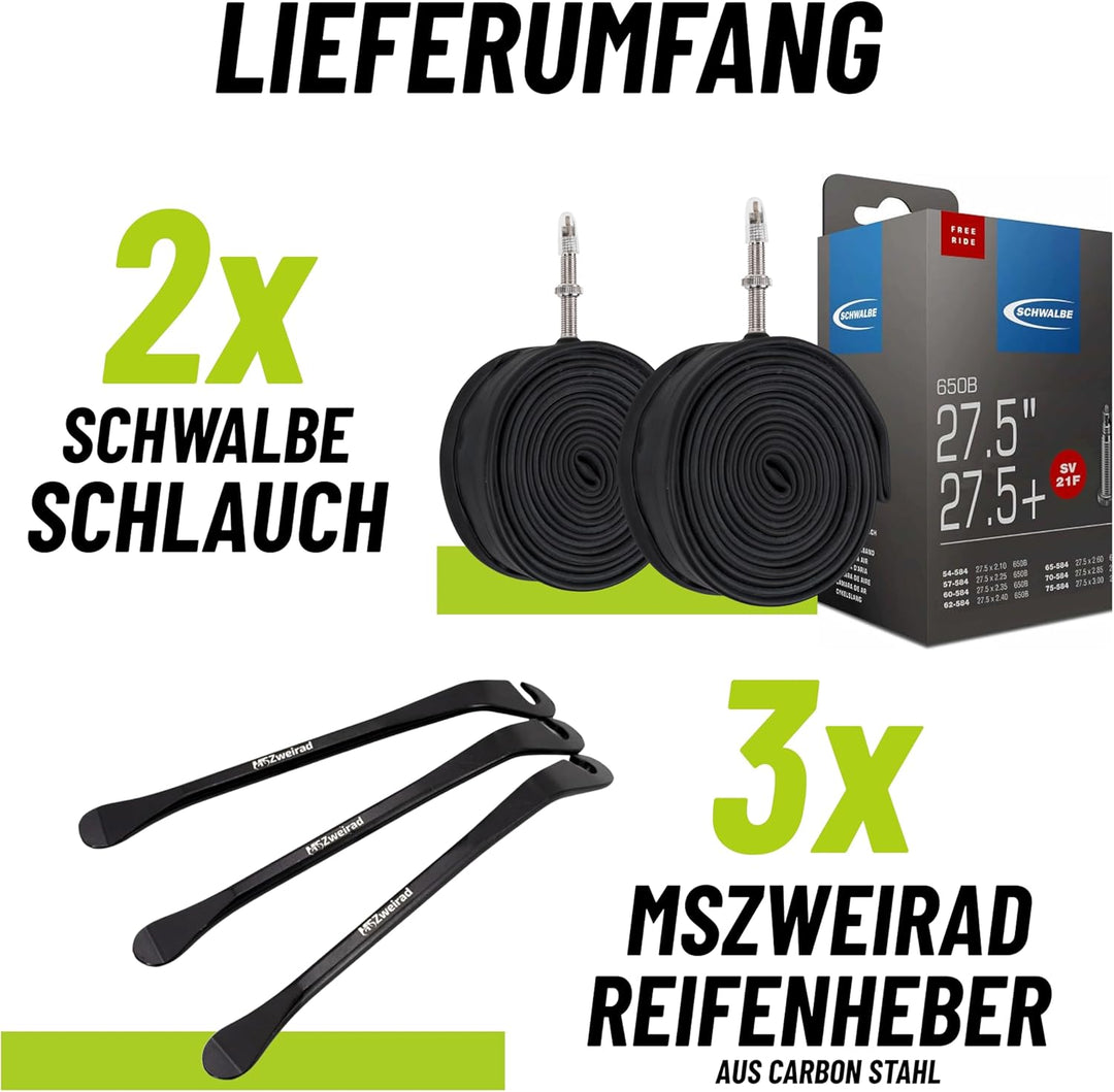 2er Set Schwalbe Schlauch 21F SV 40mm Freeride 27,5 Zoll (54/75-584) + MSZweirad Reifenheber