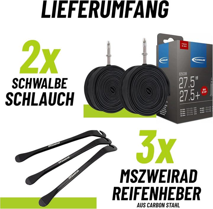 2er Set Schwalbe Schlauch 21F SV 40mm Freeride 27,5 Zoll (54/75-584) + MSZweirad Reifenheber