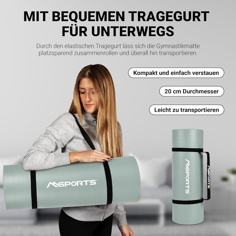 MSPORTS Gymnastikmatte Premium inkl. Tragegurt + Übungsposter + Workout App I Hautfreundliche Fitnes