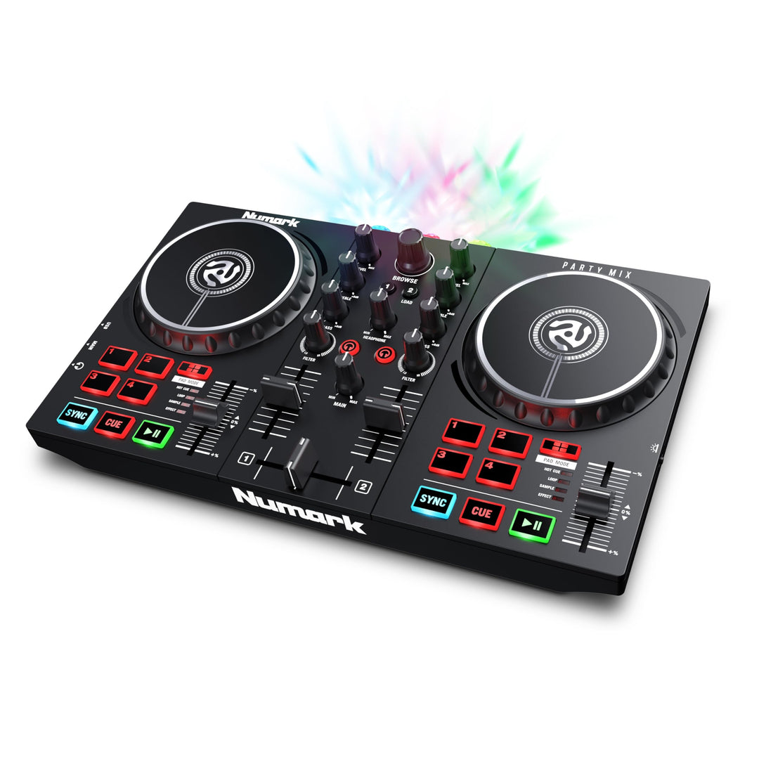 Numark Party Mix II – DJ Controller Pult mit 2 Decks, eingebauten DJ-Lichtern & DJ-Mixer; unterstütz