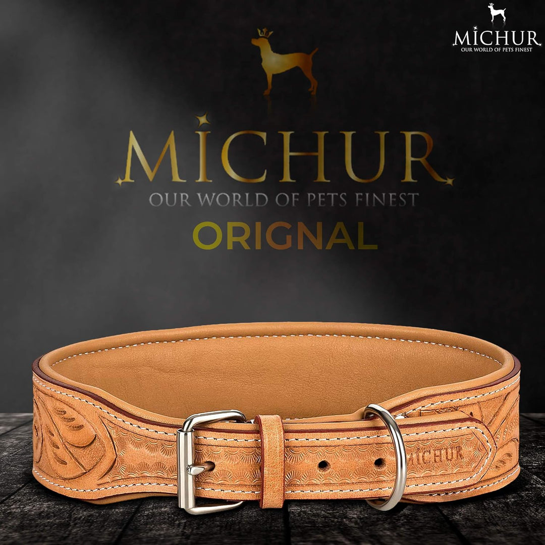 MICHUR Felipe Hundehalsband Leder, Lederhalsband Hund, Halsband, Leder, Caramel, Beige, Braun, MIT S