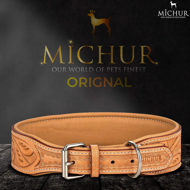 MICHUR Felipe Hundehalsband Leder, Lederhalsband Hund, Halsband, Leder, Caramel, Beige, Braun, MIT S