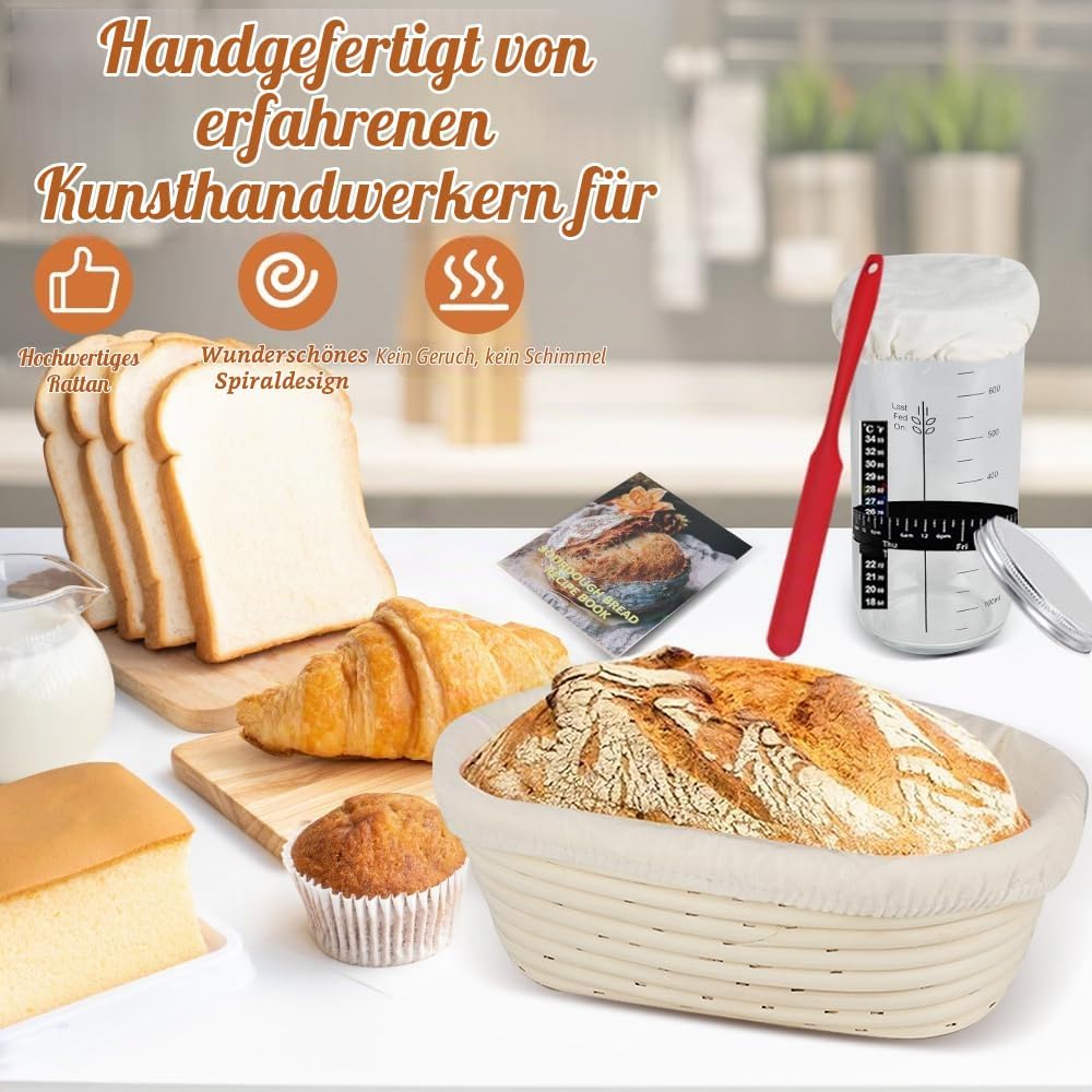 Sauerteig Starter Set, Oval GärkörbchenSet, Brotbacken Startver Set, Gärkorb Brot mit Brotbackzubehö