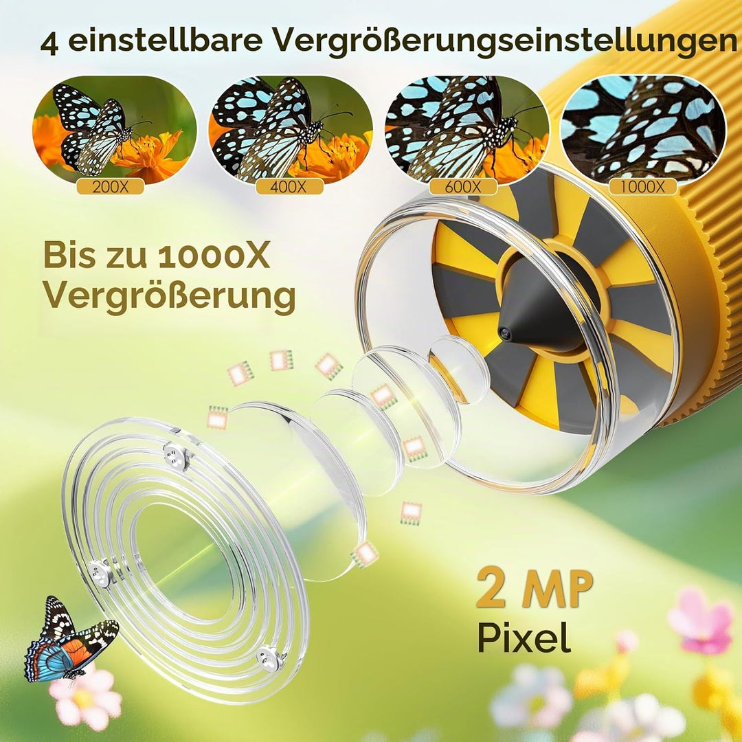 Mikroskop für Kinder, 1000X tragbares Taschenmikroskop, 2,0" IPS-Bildschirm USB Microscope LED Light
