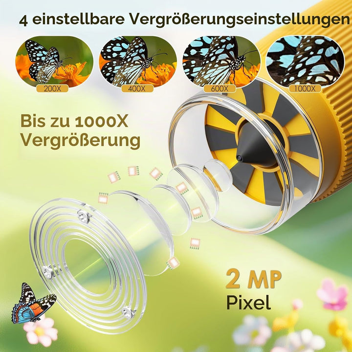 Mikroskop für Kinder, 1000X tragbares Taschenmikroskop, 2,0" IPS-Bildschirm USB Microscope LED Light