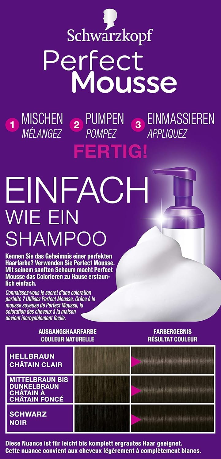 Schwarzkopf Perfect Mousse Permanente Schaumcoloration, 400 Dunkelbraun Stufe 3, 3er Pack (3 x 93 ml