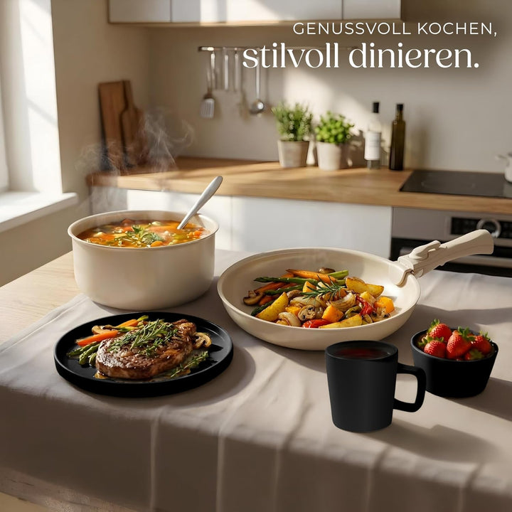 tectake® Küchenstarterset 6 Personen, Steingut Geschirr Set, Teller, 3 Pfannen, 2 Töpfe, rostfreies