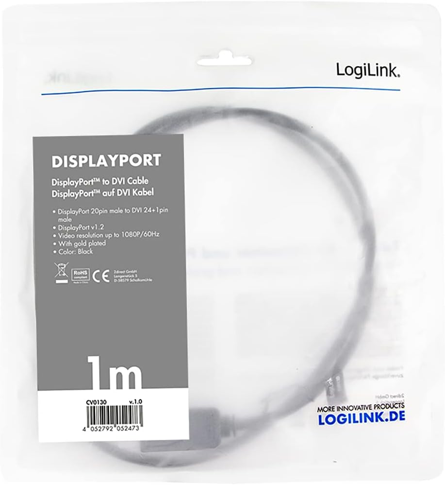 LogiLink CV0130 - DisplayPort (v1.2) auf DVI-D (24+1) Anschlusskabel für FULL HD Auflösungen von 108