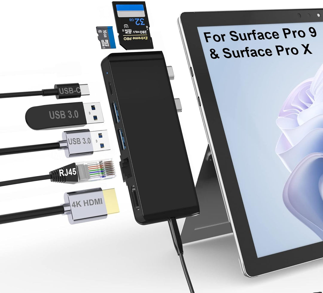 Surface Pro 9 Docking Station, Surface Pro 9 Hub Adapter mit 100 Mbps LAN, 4K HDMI, 100W USB-C (Disp