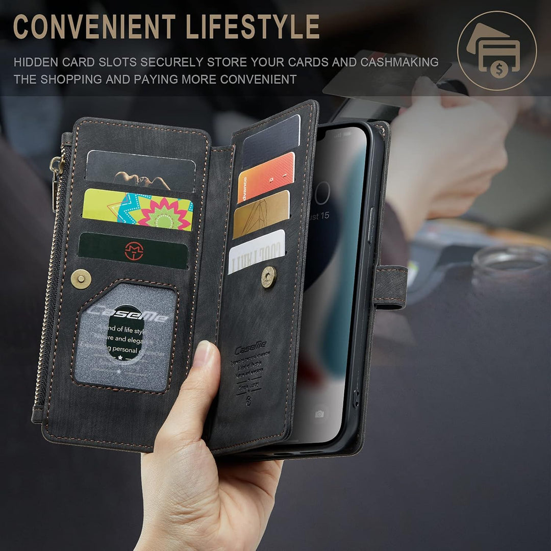 QLTYPRI Handyhülle für iPhone 13 Pro, Reissverschluss Hülle PU Leder Klapphülle Kartenfach Geldbörse