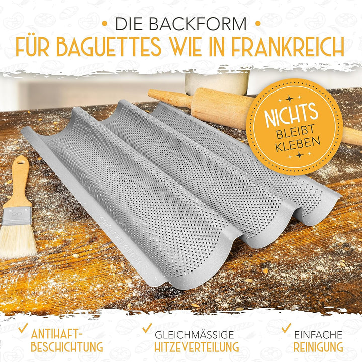 KRUSTENZAUBER Baguette Backform Antihaft inkl. Bäckerleinen u. Bäckermesser - 3er Baguette-Backblech