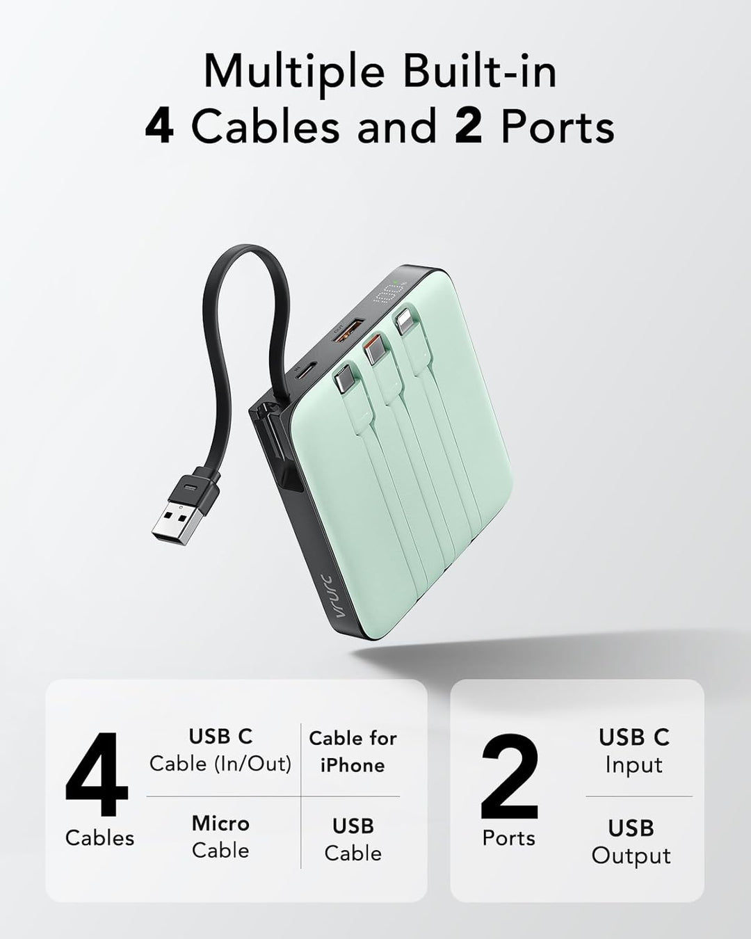 VRURC Power Bank 20000mAh mit Kabel Klein USB C Powerbank Schnelles Aufladen Mini Tragbares Ladegerä