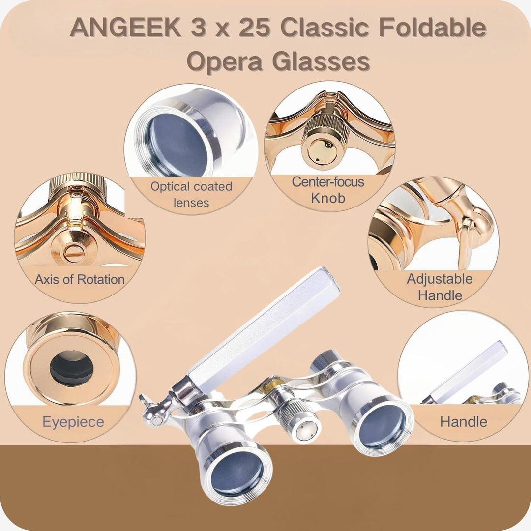 ANGEEK 3X25 Opera Theater Horse Racing Glasses Binocular Telescope with Handle/Accessory Kit Women T