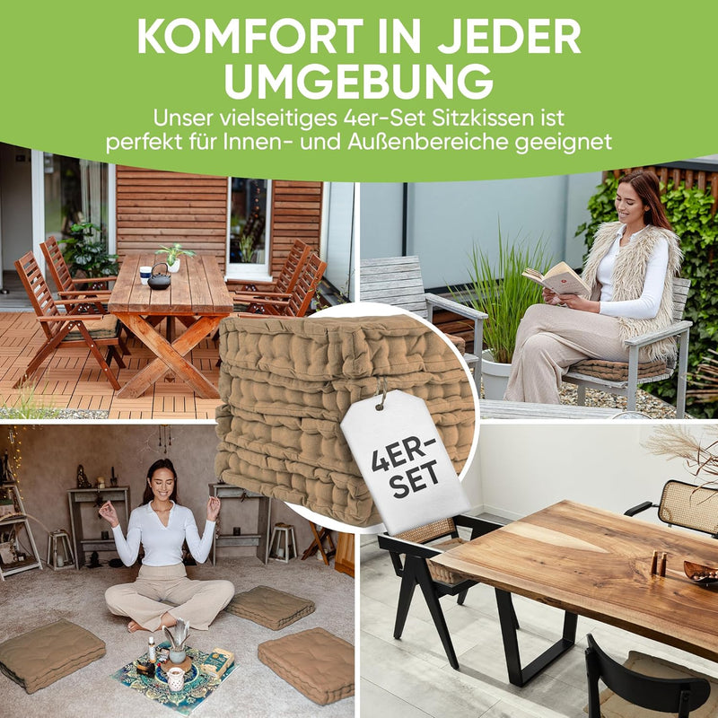 Gräfenstayn® 4er-Set Sitzkissen Stuhlkissen 40x40x8cm für Indoor und Outdoor aus 100% Baumwolle Dick