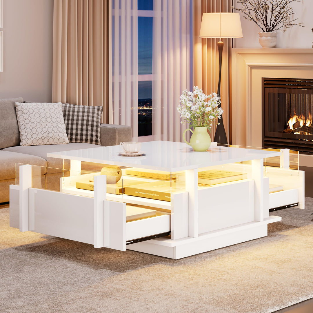 okwish Couchtisch Hochglanz,Sofatisch mit Zwei Schubladen und LED-Beleuchtung,Wohnzimmertisch,Quadra