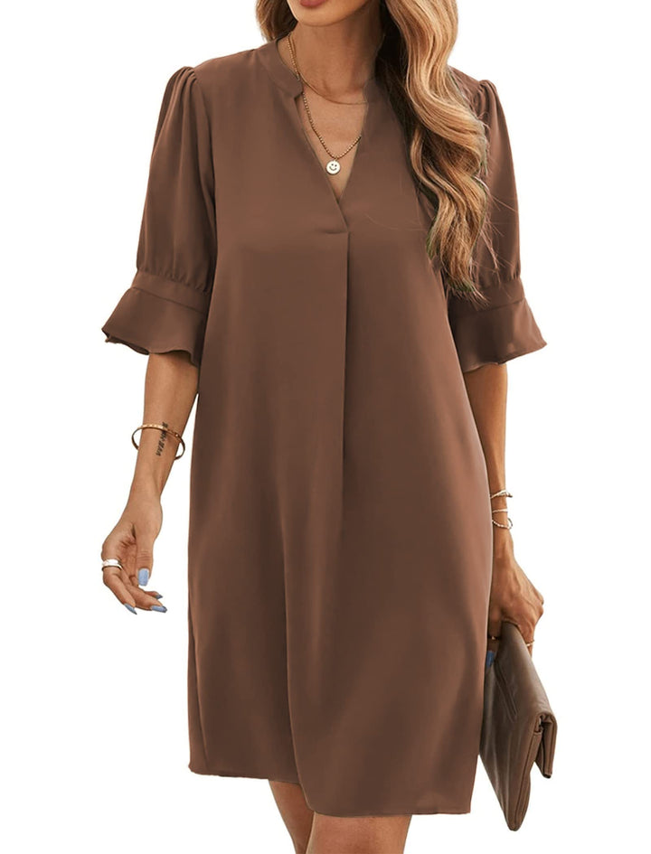 Famulily Frauen V-Ausschnitt Halbarm Hemdkleid Elegant Sommer Casual Einfarbig Kurzes Kleid S-XXL XX